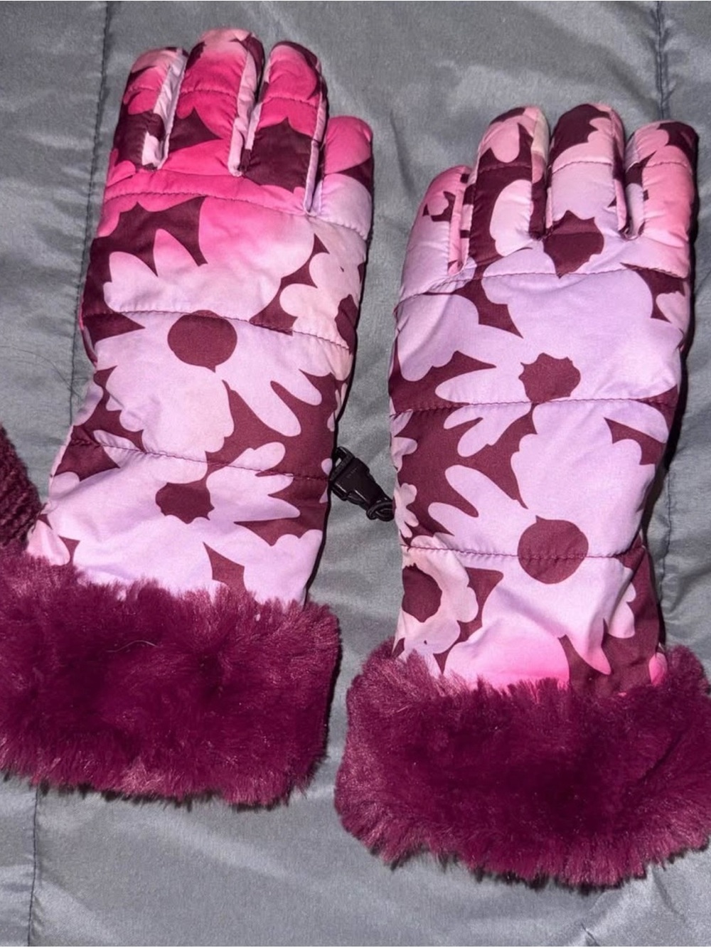 The North Face Kids Pink Floral Winter Mittens with Fuchsia Fur Cuffs
